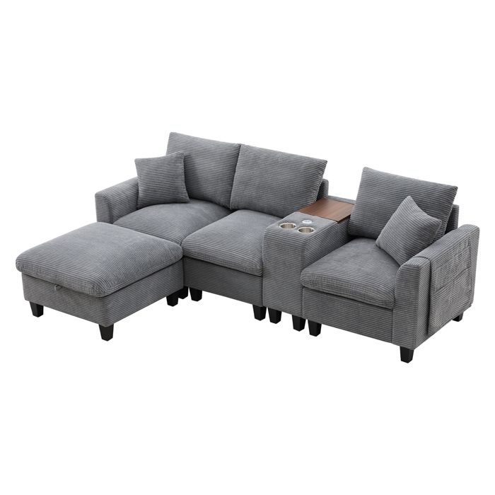 Canapé dAngle Convertible en L Velours Côtelé avec Console Ports USB Porte-Gobelets et Rangement pour Salon - gris