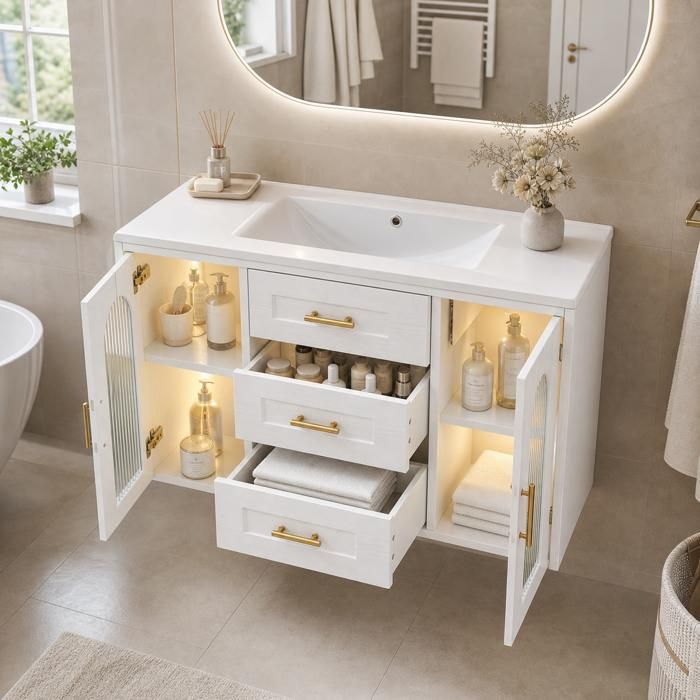 Meuble de salle de bain suspendu avec vasque blanc bois portes en verre LED tiroirs réglables sans robinet