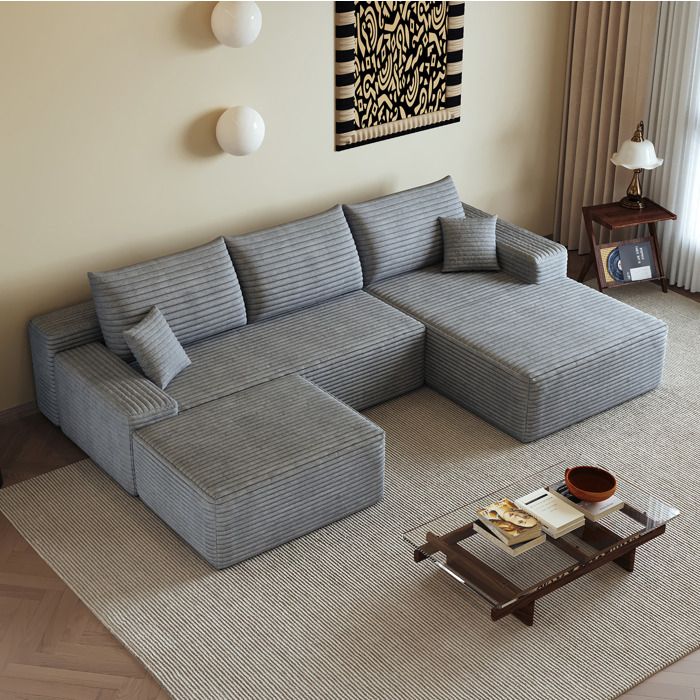 Canapé d’angle modulable EVRYAE 270 cm 4 places chaise longue réversible tissu corduroy gris