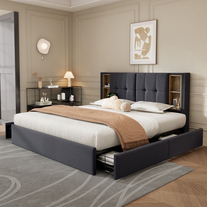 Lit coffre lit double lit adulte 160x200 avec recharge sans fil USB C et 4 tiroirs sommier à lattes en bois - velours gris