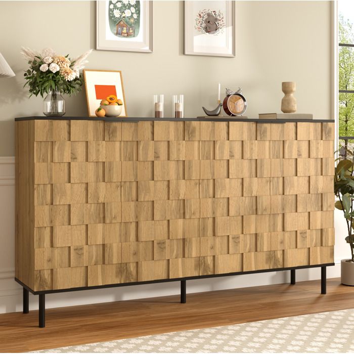 VUENOR Buffet bas 2 portes 160 cm naturel et noir décor mosaïque