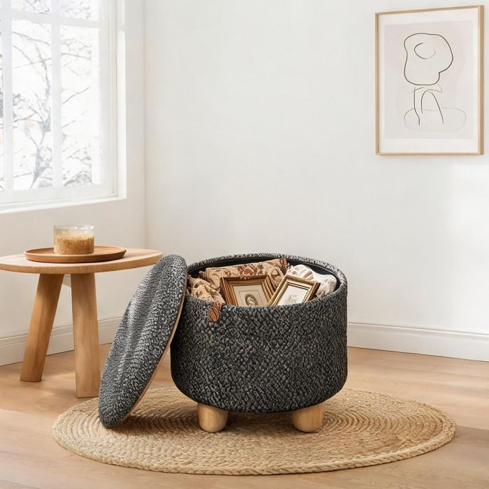 Pouf de rangement rond en lin gris classique 39x39x33 cm 215 L polyvalent