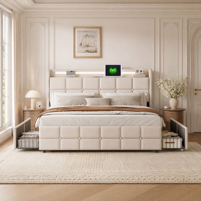 Lit Rembourré 140 x 190 cm Lit Double avec Fonction de Charge USB Tête de Lit LED 4 Tiroirs sans Matelas Lin Beige