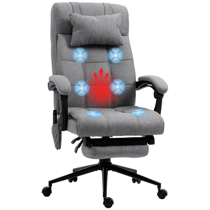 Chaise de bureau massante ergonomique dossier inclinable 155° repose-pieds grise pour travail et détente