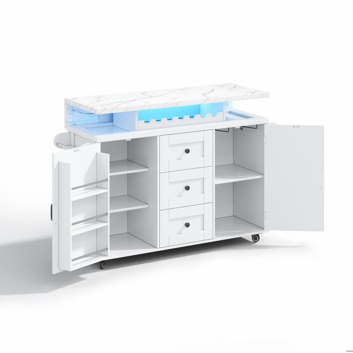Îlot de cuisine mobile – chariot de cuisine blanc – plateau rabattable – LED multicolore – MDF