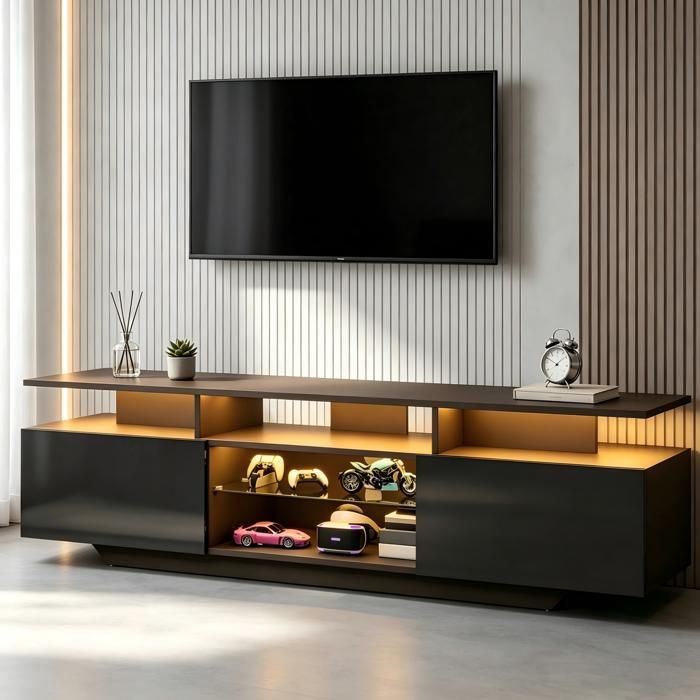 MEULVA Meuble TV 160 cm noir brillant avec LED 2 armoires 8 espaces de rangement pour TV 70 pouces