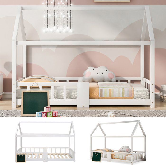 Lit cabane en bois massif de pin 90x200 cm avec sommier à lattes tableau et protection blanc
