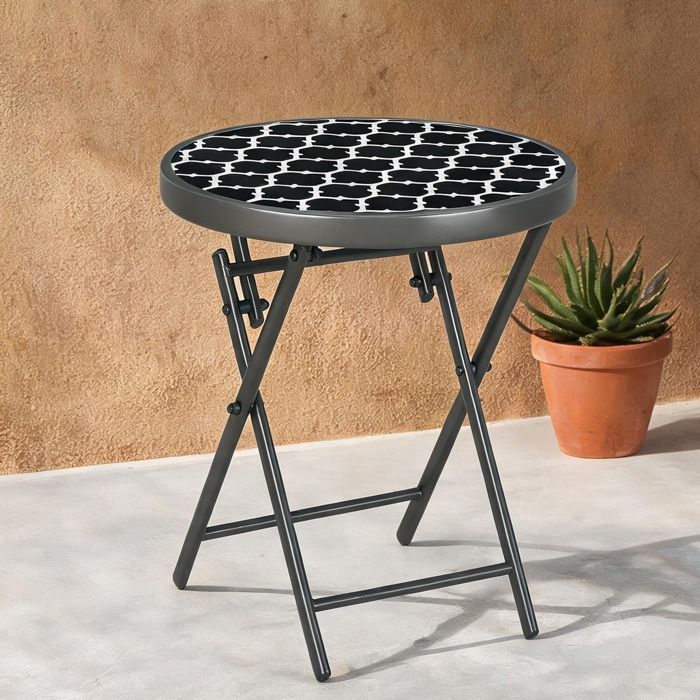 Table basse pliante ronde en métal et verre trempé Ø 45 cm idéale pour jardin et patio