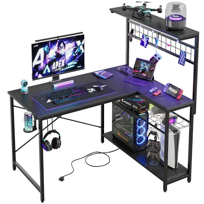 Bureau dangle en fme de L avec Pri et Éclairage LED – 106CM Compact avec Étagères ddinateur Réversible 106 cm 106 cm BUREAU