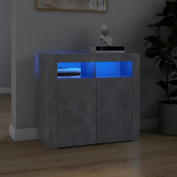 Buffet bas - AKOZON - Gris béton - 2 portes - 1 tiroir - avec lumières LED RVB