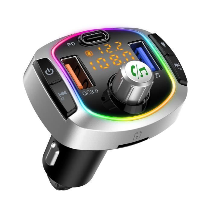 Transmetteur FM Bluetooth, Kit Main Libre Voiture Bluetooth avec Chargeur Allume Cigare USB QC3.0 + Type-C, Soutien Carte TF/Clé USB
