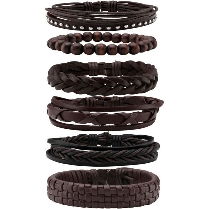 MILAKOO Lot De 6 Bracelets Cuir Tressé Homme Femme - Bracelets Manchette Réglables Punk Rock