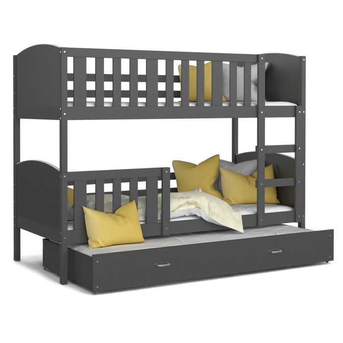 Lit superposé 3 places Tomy 90x190 GRIS GRIS Livré avec 3 sommiers et 3 matelas en mousse de 7cm OFFERTS