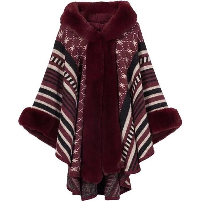Poncho Femme en Fourrure Fausse à Capuche Manteau de Laine en Forme