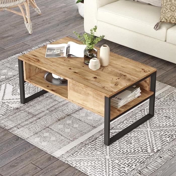 Table Basse Salon Effet Béton Noir 90x45x35cm Avec Rangement - Panneau Particules Mélaminé | Style Moderne