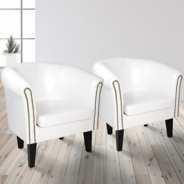 miadomodo® fauteuil chesterfield - lot de 2, simili cuir et bois, 58x71x70cm, blanc - chaise, cabriolet, meuble de salon