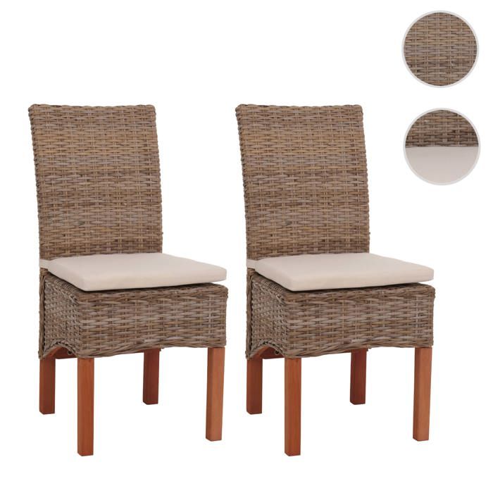 Lot de 2 chaises M44 salle à manger rotin kubu/bois 47x52x97cm ~ avec coussins