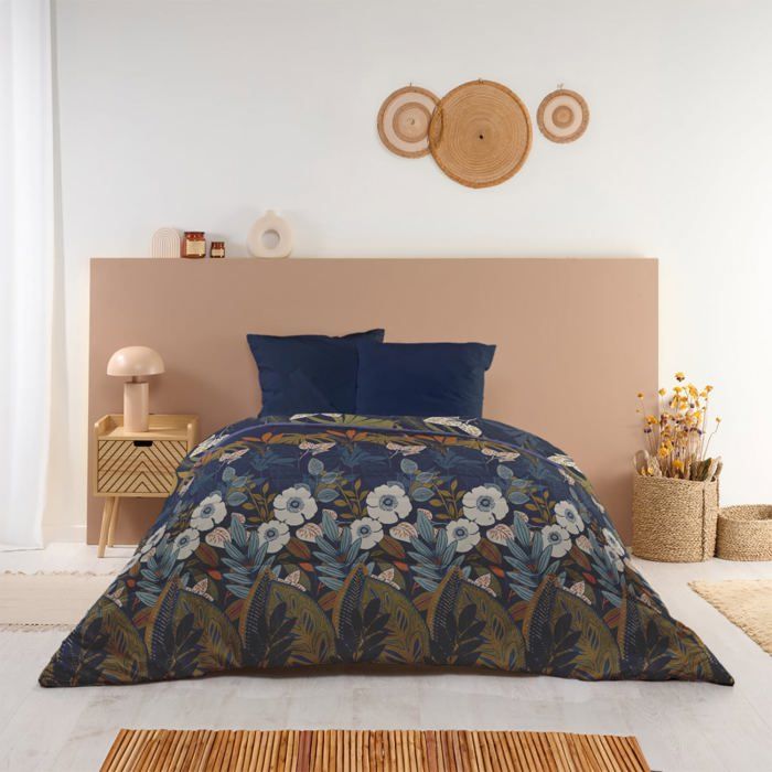 Couette imprimée chaude 140x200cm pour Lit 90x190cm Florale - Réversible - Microfibre douce - BLEU CALIN