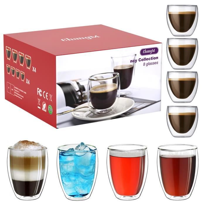 Tasse à café/Expresso - CHANGM - Set de 8 - Verre borosilicate - 4x80ml + 4x250ml - Isotherme