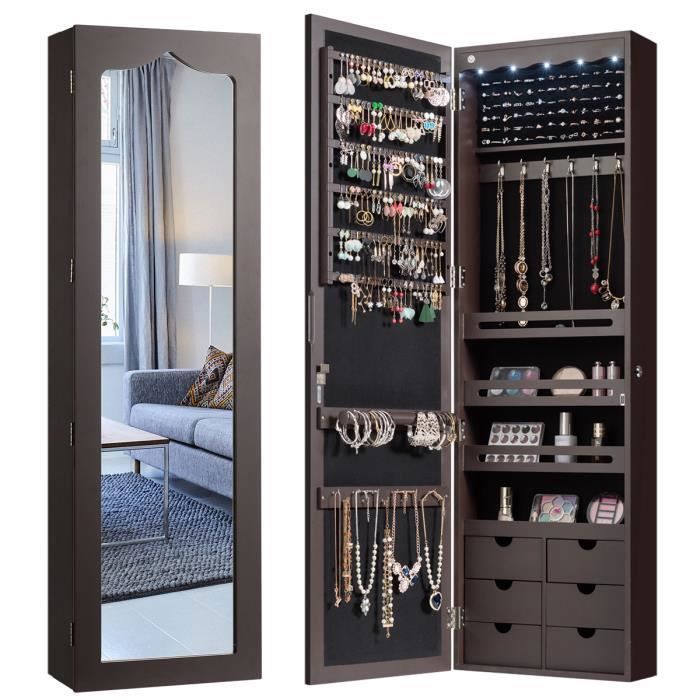 COSTWAY Armoire à Bijoux Murale LED Miroir 6 Tiroirs Hauteur du Crochet Ajustable 120x36 5x11 5CM en Bois Marron