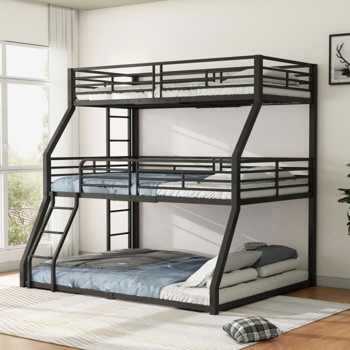Lit Superposé 90x200 cm avec Matelas Lit d'Enfant 3 Places Lit Triple en Bois Blanc Lit Mezzanine Lit Hauteur Sommier à lattes
