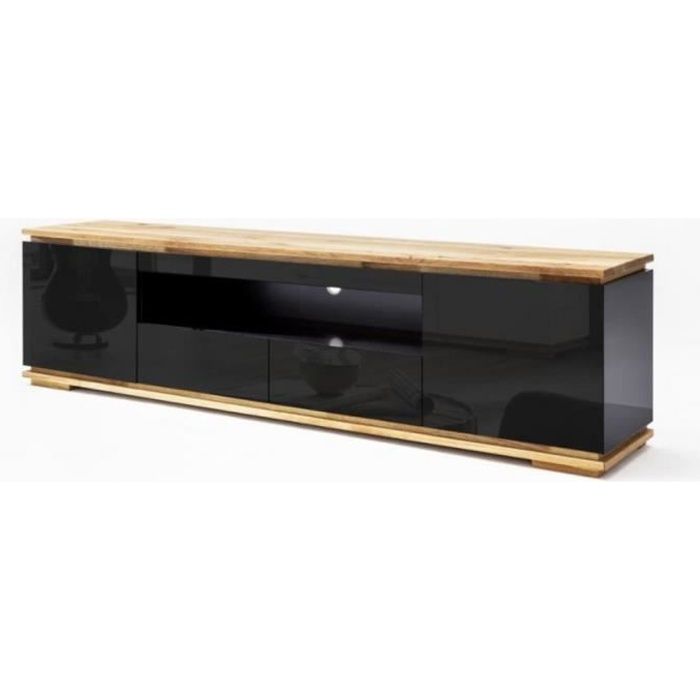 meuble tv - inside 75 - charly - noir brillant - 2 tiroirs - 2 portes - 1 niche - chêne massif
