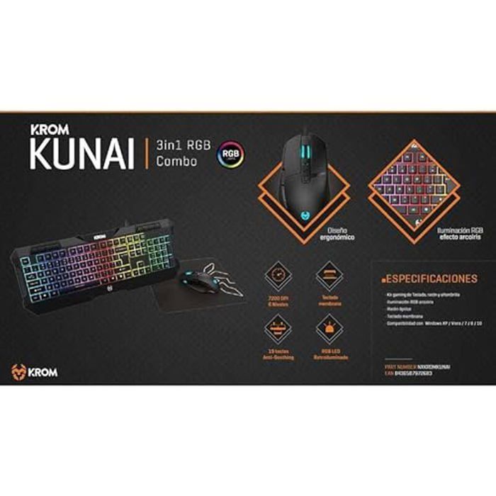 Pack Gaming – KROM – Kunai – Clavier LED – Souris 7200 dpi – Tapis Noir