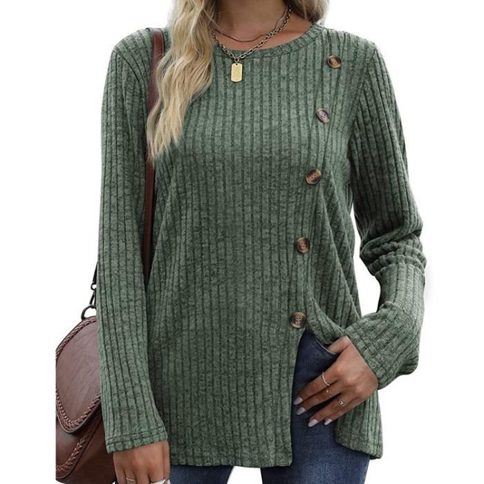T-shirt Femme Oversize Col Rond - Manches Longues Hiver - Motif Plaid - Haut Confortable Décontracté