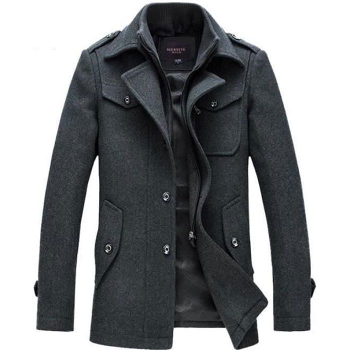 Manteau Homme Laine Coat Col Rabattu Pardessus Hiver Automne Gris Hugo