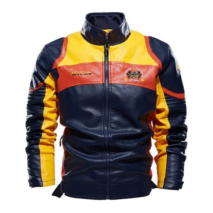 Blouson Homme en Cuir Moto OEIN Chaud epaissie Hiver Bleu marine jaune Bleu marine jaune Cdiscount Pret a Porter