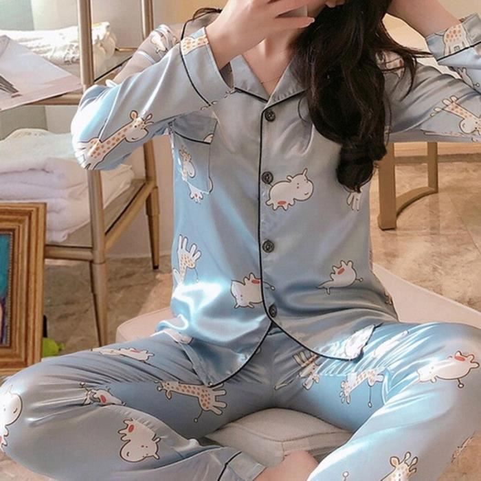 Pyjamas pour femmes Laamei 2021 Printemps Soie Ensemble Pyjama En Satin Femme Imprim Manches Longues V tements De Nuit Pyjamas Cos