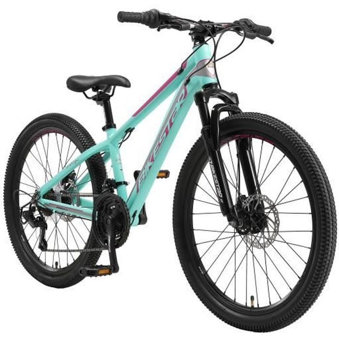 BIKESTAR VTT 24 Pouces de 9 ans 21 vitesses Shimano avec frein a disque Hardtail Menthe Rose Cdiscount Sport
