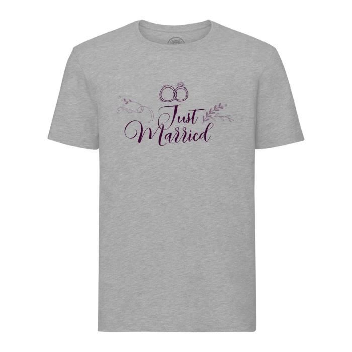 T-shirt Homme Col Rond Gris Just Married Calligraphie Mariage Noces Fiancée