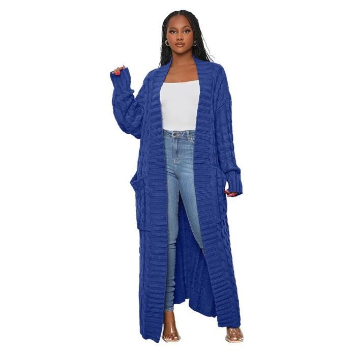 Gilet Cardigan Femme Manteau Long tricote elegant pull torsade solide avec grande poche Bleu D34103 Blanc Cdiscount Pret a Porter