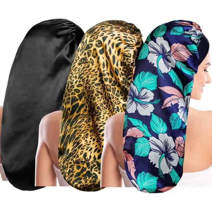 Lot De 3 Bonnets Satin De Soie Pour Dormir – Anti-Frisottis Cheveux Bouclés, Violet/Noir/Bleu Saphir