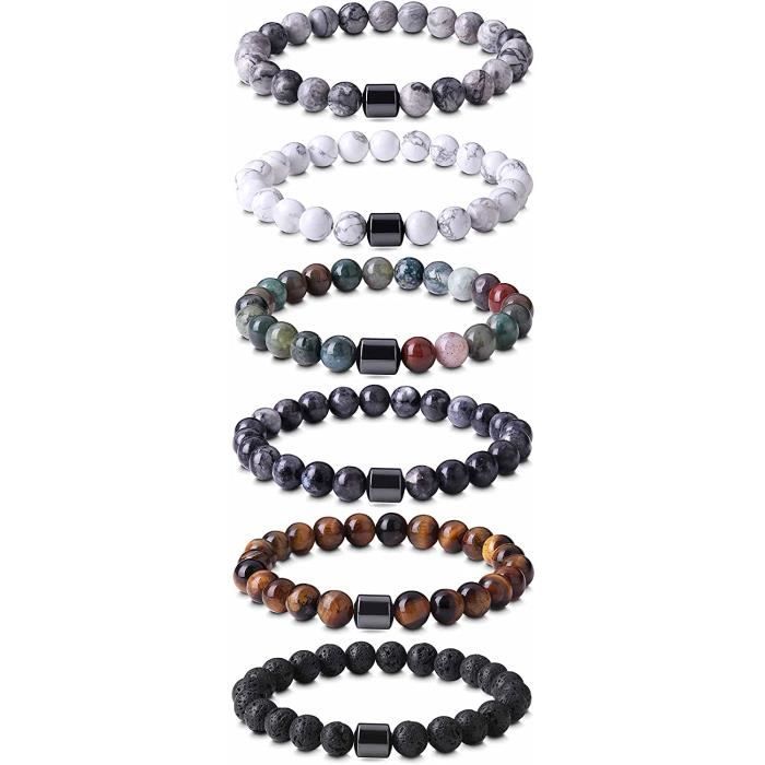 Lot de deux bracelets à perles rondes en pierre naturelle pour homme et  femme
