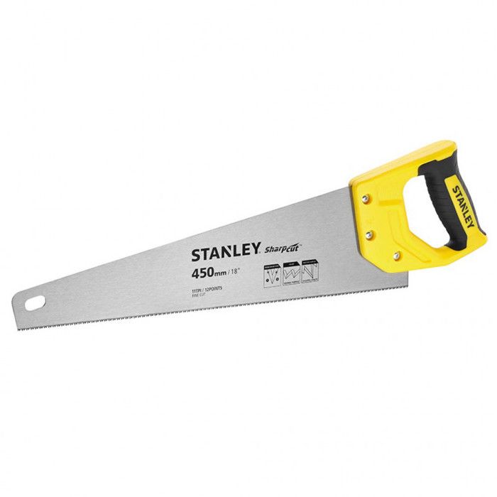 Scie égoïne STANLEY SharpCut Lame 450mm Denture Universelle double biseau Guide 45° et 90°