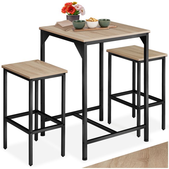 Table haute - TECTAKE - Ensemble de bar INVERNESS en bois et acier avec table et 2 tabourets - Bois clair