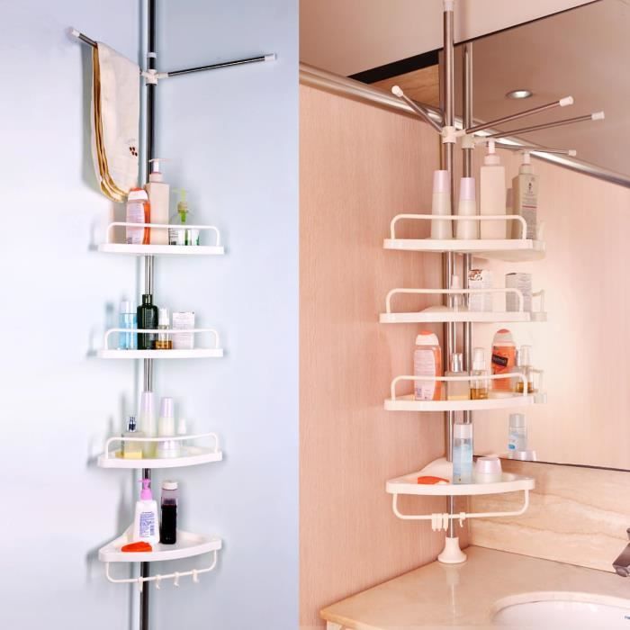Étagère De Douche Télescopique Sans Perçage - Ajustable 33-49 Cm, Pour Barres 18-26 Mm, 6 Crochets, ABS + Aluminium