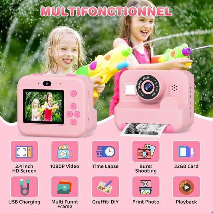 Appareil Photo Instantané Enfant 2.4 écran - Impression Zéro Encre, Carte 32GB, Selfie Vidéo, 5 Jeux - Cadeau 3-14 Ans (Rose)