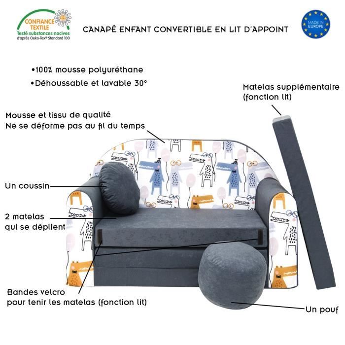 WELOX NINO Canapé convertible lit pour enfant avec pouf et coussin OEKO-TEX  Animaux gris - Fauteuil et pouf enfant - Achat & prix