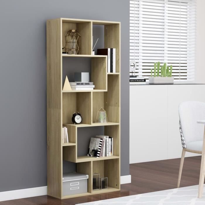 Bibliothèque meuble de rangement bicolore 4 casiers ouverts 5 portes  coloris bois de chêne et blanc neuf 28WT