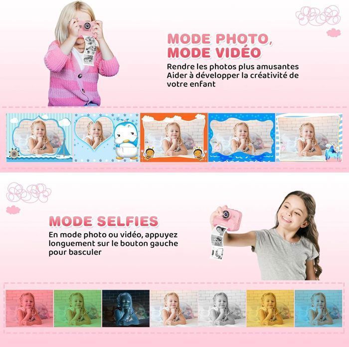 Appareil Photo Instantané Ixydor Pour Enfants – 1080P, Écran 2,4 Pouces, Impression Thermique Noir Et Blanc, Carte 32GB, Cadres Filtres – Rose