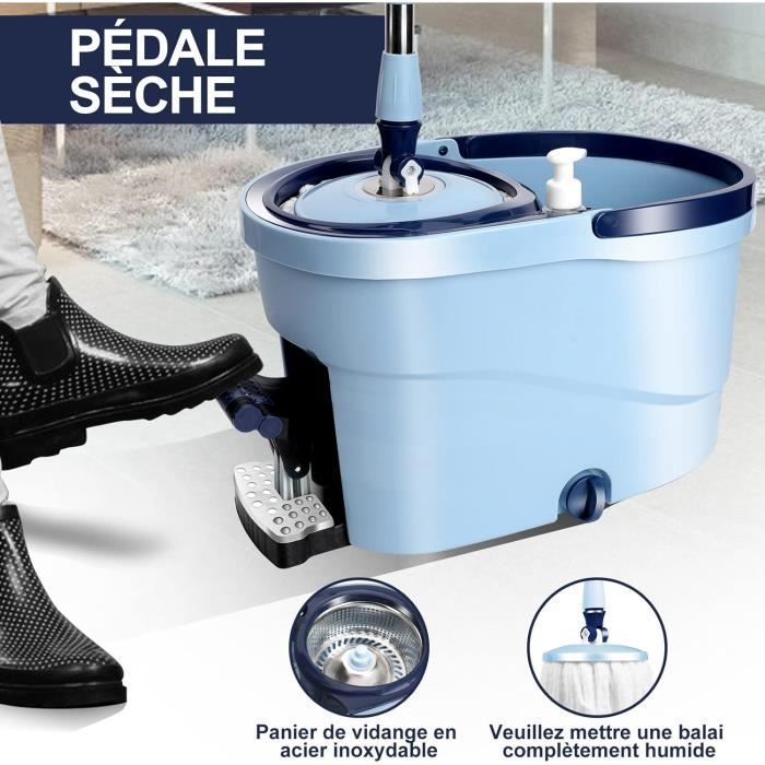 Balai Plat Avec Seau Et 10 Serpillières - Nettoyage Mains Libres, Rotation 360° - Pour Sols Durs (carrelage, Parquet...)