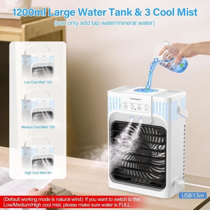 Climatiseur Mobile 1200 Ml 5-en-1 Avec Télécommande – Rafraîchisseur D’Air, Ventilateur, Humidificateur, Veilleuse 7 Couleurs, Minuteur