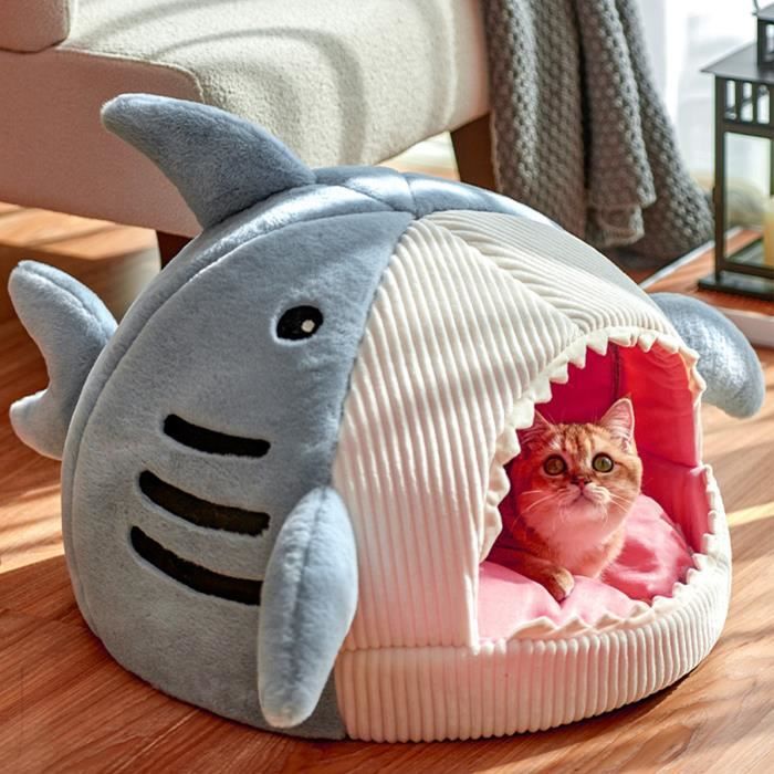 Cave à Chat En Forme De Requin - Lit Douillet Lavable En Peluche Pour Chat Et Petit Chien, Refuge Chaud Pour Hiver