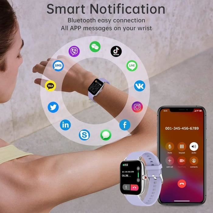 Montre Connectée Femme SUNKTA - Appels, Fréquence Cardiaque, SpO2 - 2 Bracelets - Étanche - 120 Modes Sport