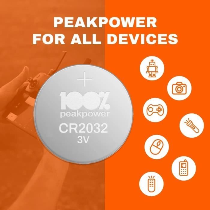 Piles CR2032 - Lot de 20, 100% PeakPower