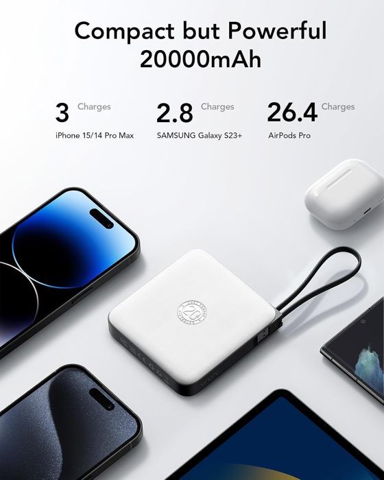 Power Bank Xiaomi 22.5W 20000mAh Avec Câble Intégré - Charge Rapide USB-C, 3 Ports, Gris Foncé