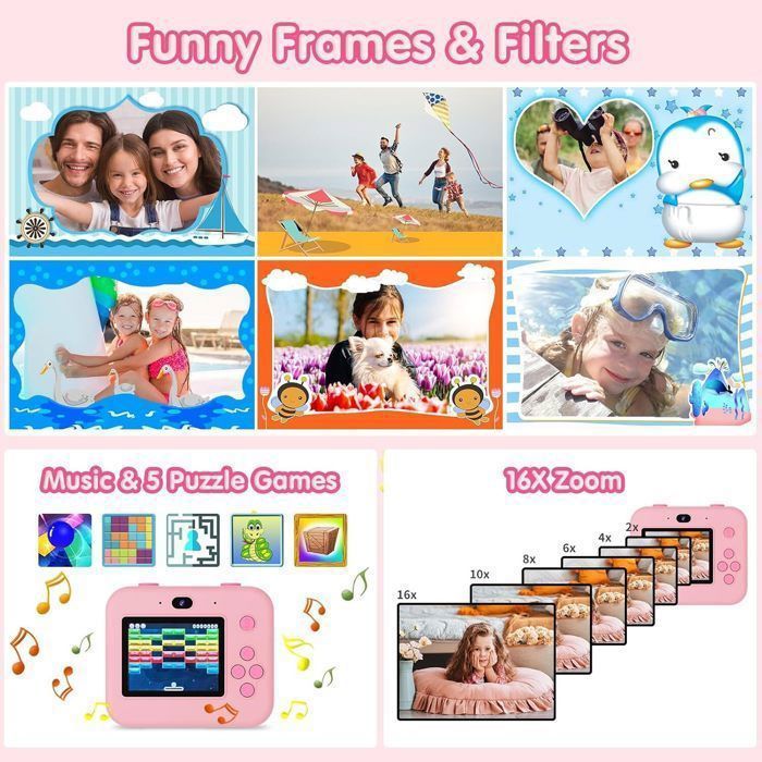 Appareil photo Compact,Appareil Photo instantané pour enfants,1080P,avec papier imprimé,cadeaux